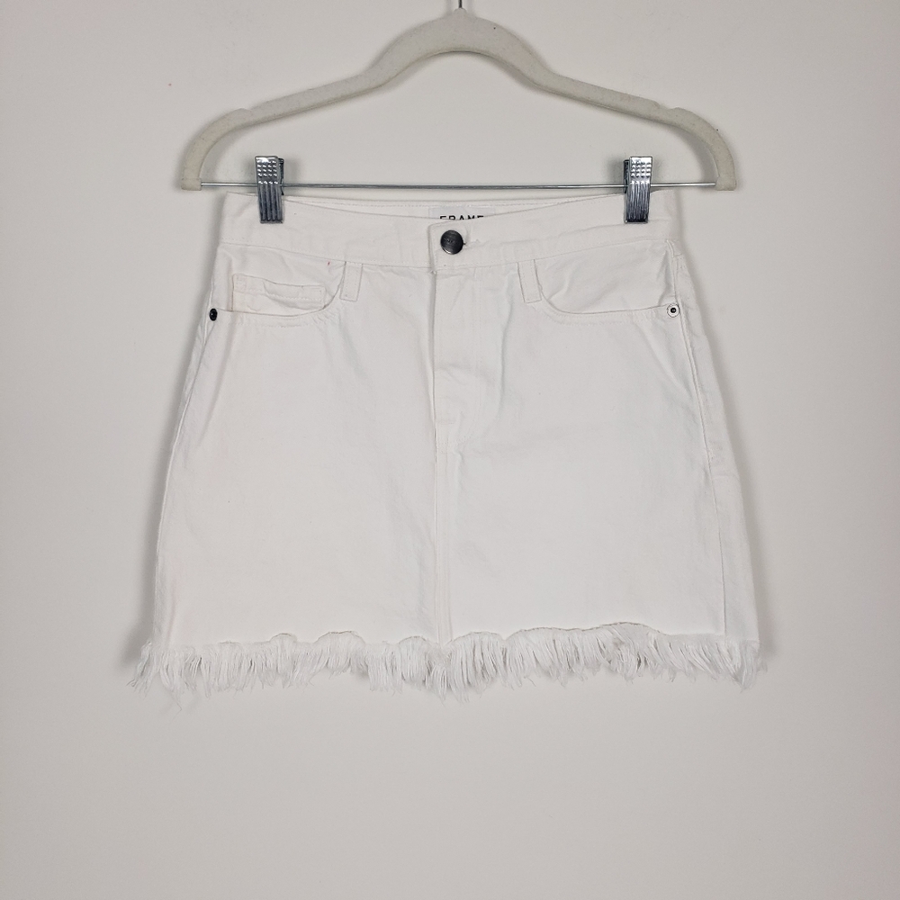 Frame White Denim Skirt Fringe Hem